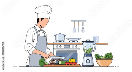 Flat-style vector artwork showing a chef preparing a nutritious dish in the kitchen, highlighting a modern culinary trend, with a minimal design and white background.