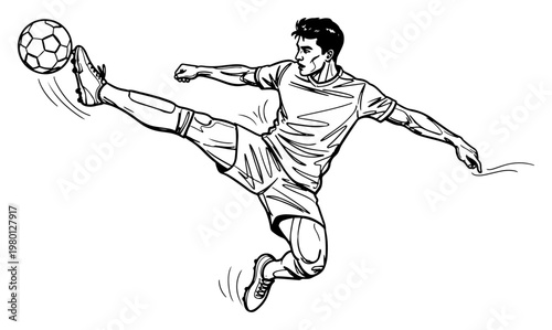 Soccer player performing acrobatic bicycle kick in dynamic line art style
