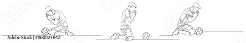 Soccer player kneeling on pitch in various emotional poses minimalist line art style