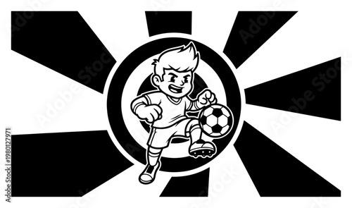 Soccer player boy character dribbling ball with sunburst background in cartoon style