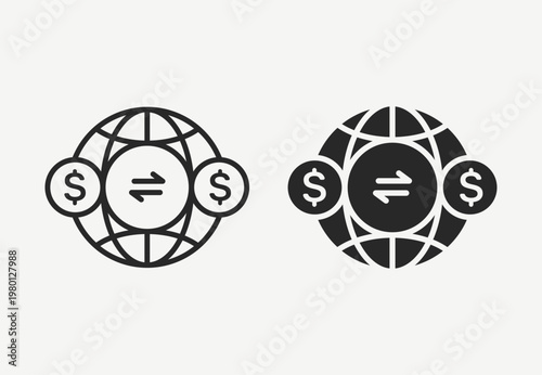 A collection of flat vector icons, outline and solid, representing global money transfers, currency exchange