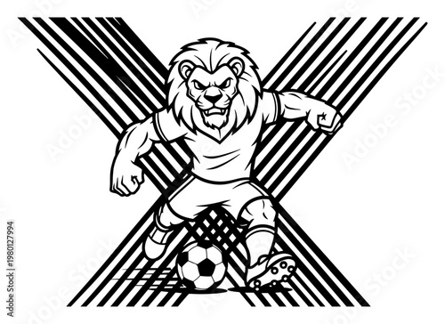 Lion soccer mascot character dribbling ball with cross background in sports style