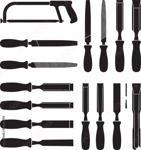 Vector Set of Carpentry and Metalworking Hand Tool Silhouette Icons Including Hacksaw Wood Chisels and Metal Files for Craftsmanship Workshop Maintenance and Industrial Engineering Design