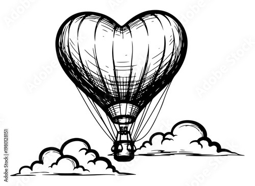 Heart shaped hot air balloon flying over clouds in vintage engraving style