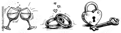 Wedding and love celebration symbols with wine glasses rings and heart padlock in hand drawn sketch style