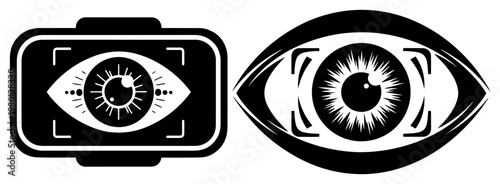 Iris scanning and digital eye biometric icons in black and white graphic style