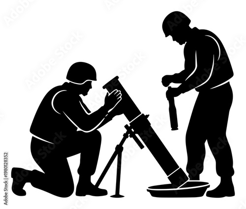 Soldiers operating a heavy mortar artillery weapon in military silhouette style