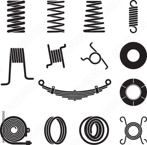 Vector Set of Industrial Spring Silhouette Icons Including Helical Compression Torsion Extension and Leaf Springs for Mechanical Engineering Hardware and Technical Machinery Component Design