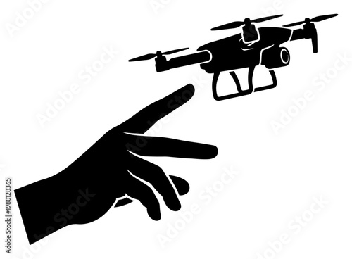 Human hand reaching for a quadcopter drone in black and white silhouette style