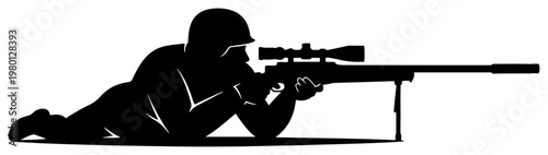 Sniper soldier lying in prone position with precision rifle silhouette