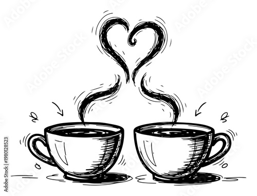Coffee cups with steam forming heart shape for morning romance concept in detailed sketch style