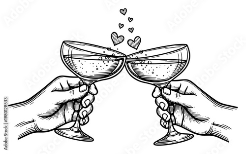 Hands clinking champagne glasses in toast with hearts in vintage engraving style