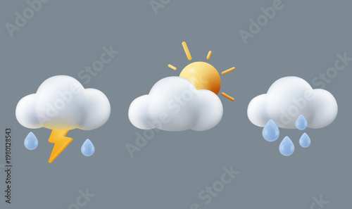 A set of 3D weather icons featuring fluffy white clouds, raindrops, yellow sun, and golden lightning. Modern soft shapes