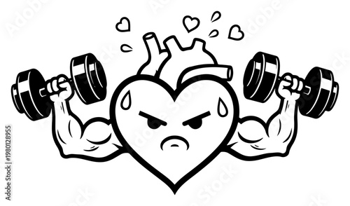 Muscular heart lifting heavy dumbbells with angry expression in bold comic style