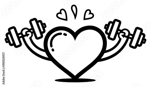 Heart character lifting dumbbells for fitness workout in bold cartoon line art style