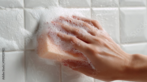 Close-up of a hand scrubbing white bathroom tiles with a sponge and foam, representing hygiene, household chores, and effective surface cleaning