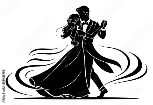 Elegant couple ballroom dancing in formal attire in minimalist silhouette style