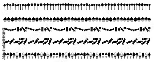 Sweet treat collection rows with lollipops cupcakes candy and ice cream in black silhouette style