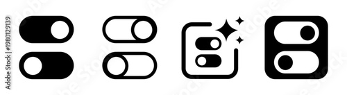 Pair of digital toggle switch icons for user interface design representing on and off states in black vector illustration isolated on transparent background