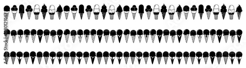 Ice cream cone collection rows featuring various scoops in clean black silhouette style
