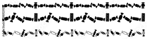 Candy and chocolate bar rows for decorative borders in minimalist black silhouette style