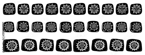 Sun and solar symbols set in primitive hand drawn doodle style