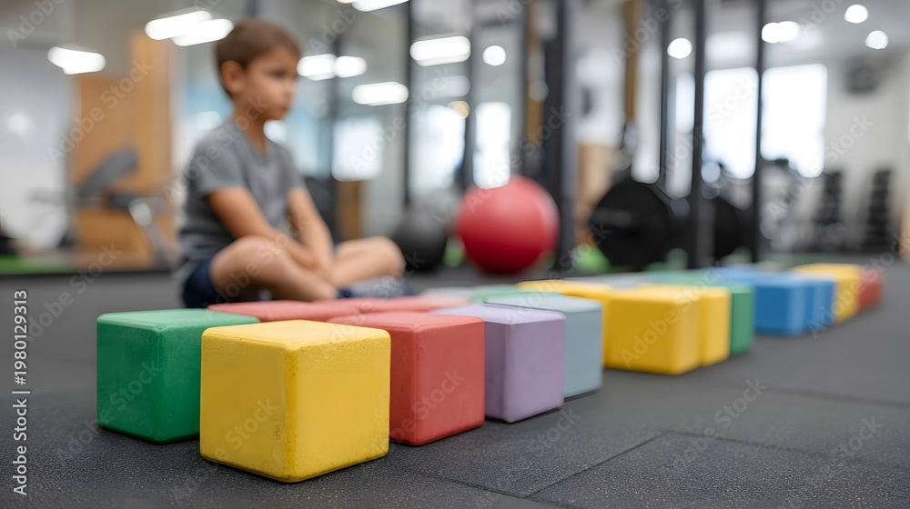 Fototapeta premium Colorful exercise blocks are lined up in the foreground of a bright modern gym with a child visible in the background