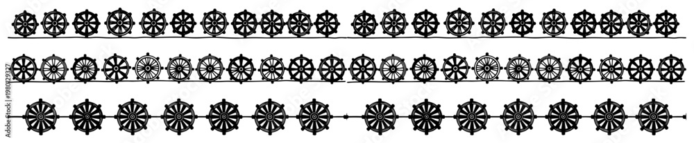 Fototapeta premium Buddhist dharma wheel symbols arranged in decorative horizontal borders