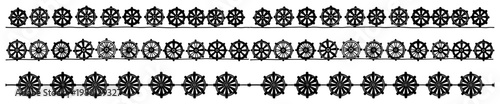 Buddhist dharma wheel symbols arranged in decorative horizontal borders