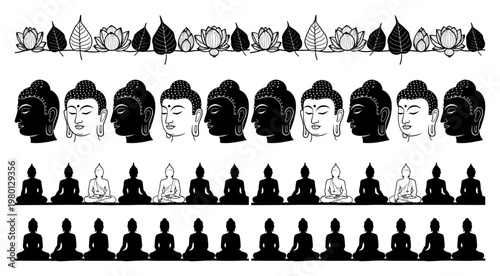 Buddha head profiles with meditating silhouettes and lotus flowers in minimalist style