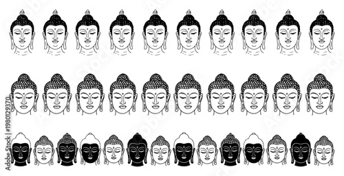 Buddha face icons and head portraits in various drawing styles