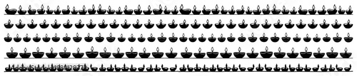 Diwali diya oil lamp decorative borders for indian festival celebration in black and white silhouette style