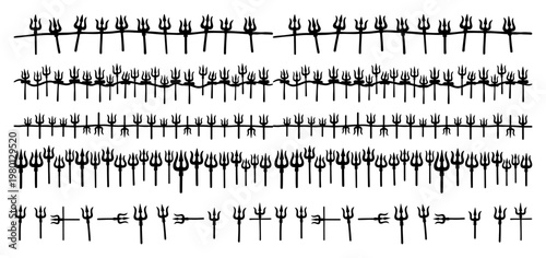 Trident symbols and pitchfork patterns in flat silhouette style