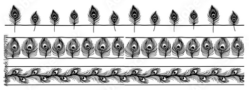Peacock feather borders and decorative patterns in detailed line art style