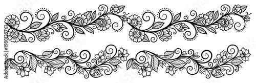 Elegant floral borders with swirling vines and flowers in henna mehendi style