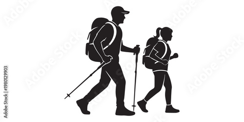 Silhouette of hiker. Collection of male and female hiker. mountaineer climber hiker people, vector silhouette collection. hiking man and woman with rucksack silhouette. Backpacker and climber people.