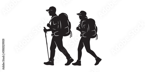 Silhouette of hiker. Collection of male and female hiker. mountaineer climber hiker people, vector silhouette collection. hiking man and woman with rucksack silhouette. Backpacker and climber people.