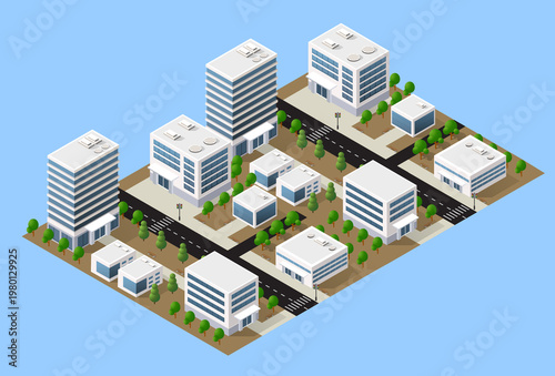 Isometric urban city plan with modern buildings