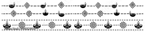 Diya oil lamps and geometric mandala symbols on dashed lines for Diwali border design in minimalist silhouette style