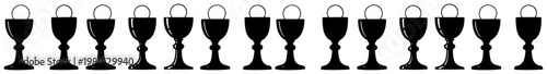 Communion chalice cups with holy host bread in row for religious ceremony concept in solid black silhouette style