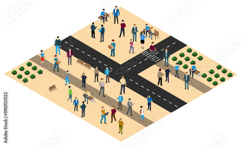 City community with people walking and interacting