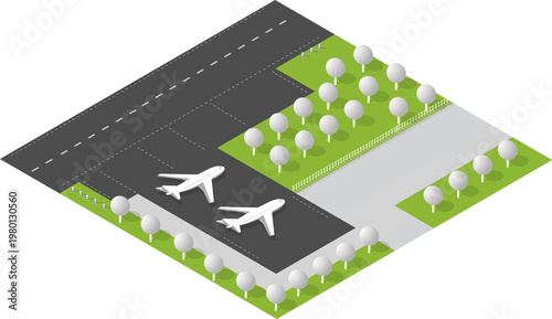 Isometric airport layout showing a commercial airplane on the runway beside a hangar building, ready for air travel