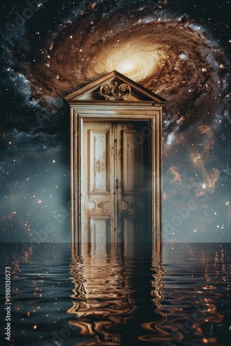 Surreal ancient door floating in cosmic water with spiral galaxy