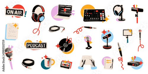 Set of trendy halftone collage vector illustration with podcast equipment. Icons featuring microphone, headphone, mixer, and audio recorder for recording studio and broadcasting design.