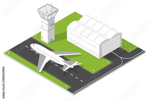 Isometric airport layout showing a commercial airplane on the runway beside a hangar building, ready for air travel