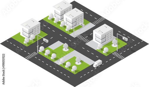 Isometric illustration showing urban city street with residential apartment buildings, green park trees, and a moving delivery truck