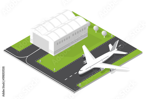 Isometric airport layout showing a commercial airplane on the runway beside a hangar building, ready for air travel