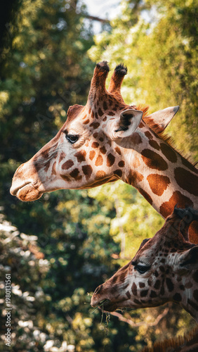 Photography Close up portrait of giraffe head with natural pattern and soft background, capturing wildlife detail and calm animal expression