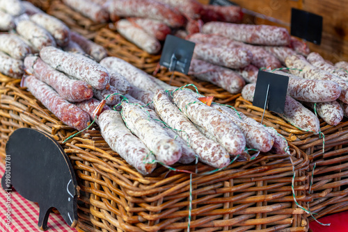 Different types of sausages displayed at a street market