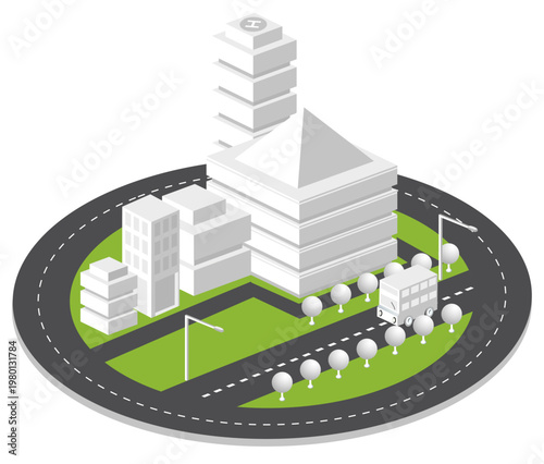 Isometric illustration showing urban city street with residential apartment buildings, green park trees, and a moving delivery truck